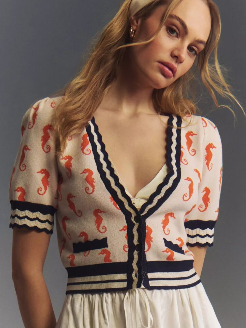 Anthropologie Maeve Short-Sleeve V-Neck Seahorse Sweater - 1X